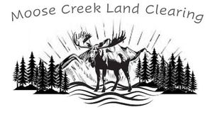 Logo for Moose Creek Land Clearing with a moose standing in water before mountains and a forest of evergreen trees.
