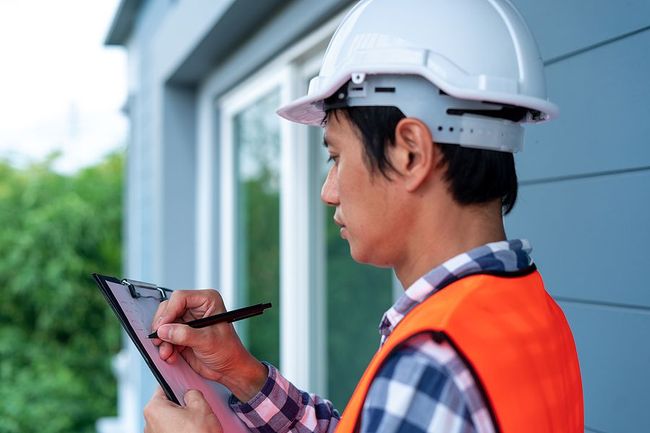 Construction worker in hard hat taking notes on a clipboard beside a building