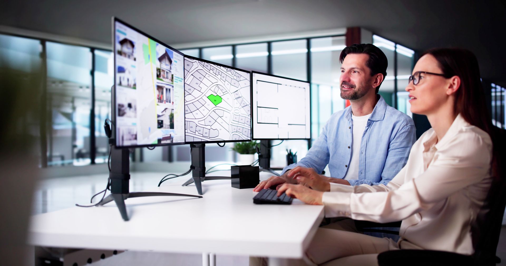 Two coworkers reviewing analytics on a large multi-monitor desktop in a modern office