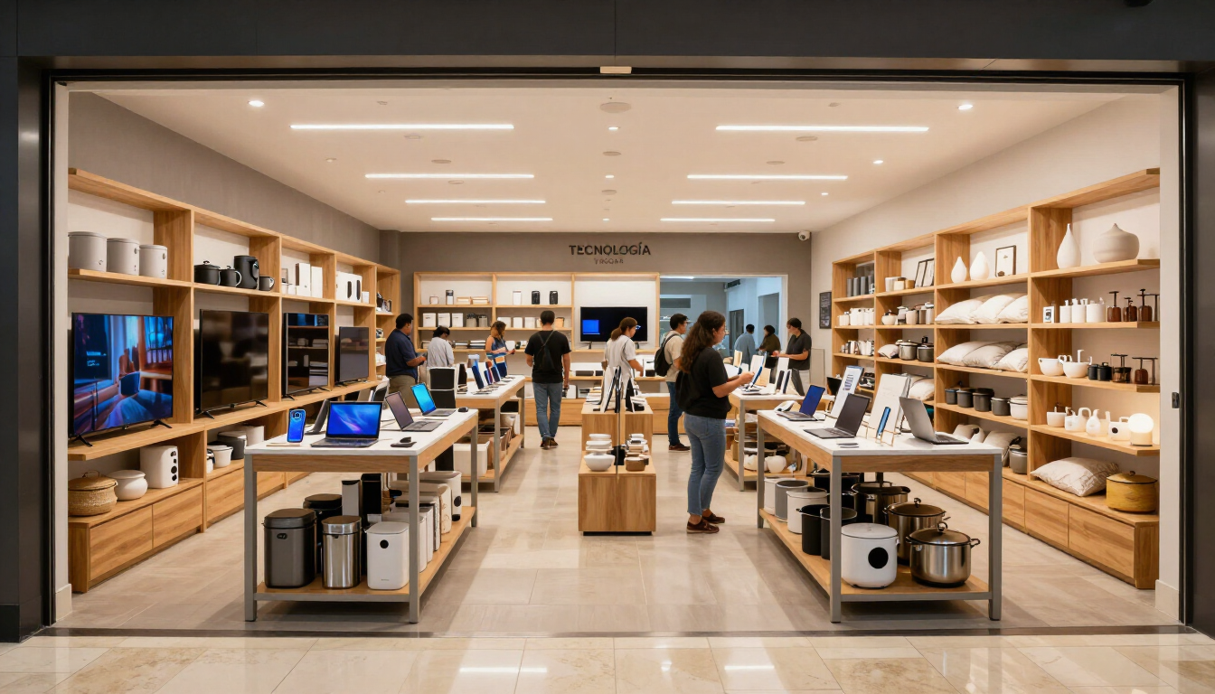 Tienda luminosa y minimalista, con estanterías de productos electrónicos y algunos clientes mirando los expositores.