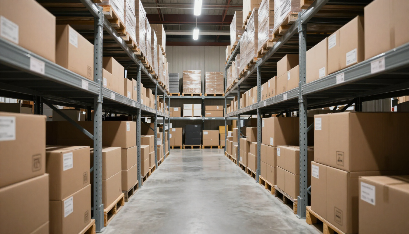 Amplio pasillo de almacén flanqueado por cajas de cartón apiladas en estanterías metálicas bajo luces brillantes en el techo