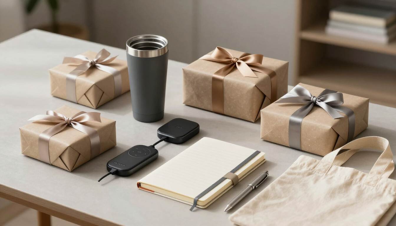 Cajas envueltas para regalo y un vaso térmico sobre un escritorio con un cuaderno, un bolígrafo, un teléfono y una bolsa de tela