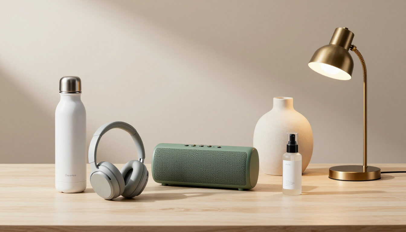 Escritorio minimalista con auriculares, botella, vaso térmico, altavoz, botella pequeña y lámpara de latón sobre una mesa de madera.