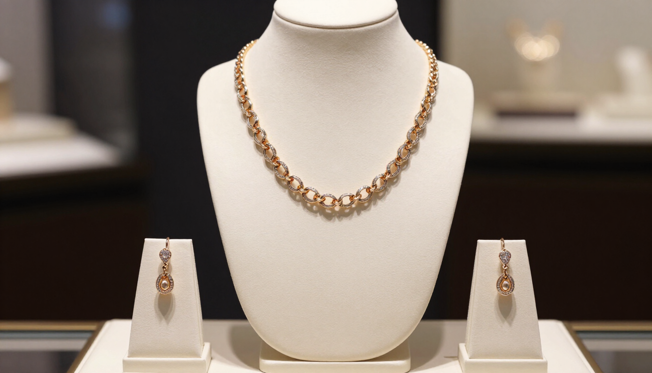 Collar dorado y pendientes a juego exhibidos en soportes blancos para joyas en una vitrina
