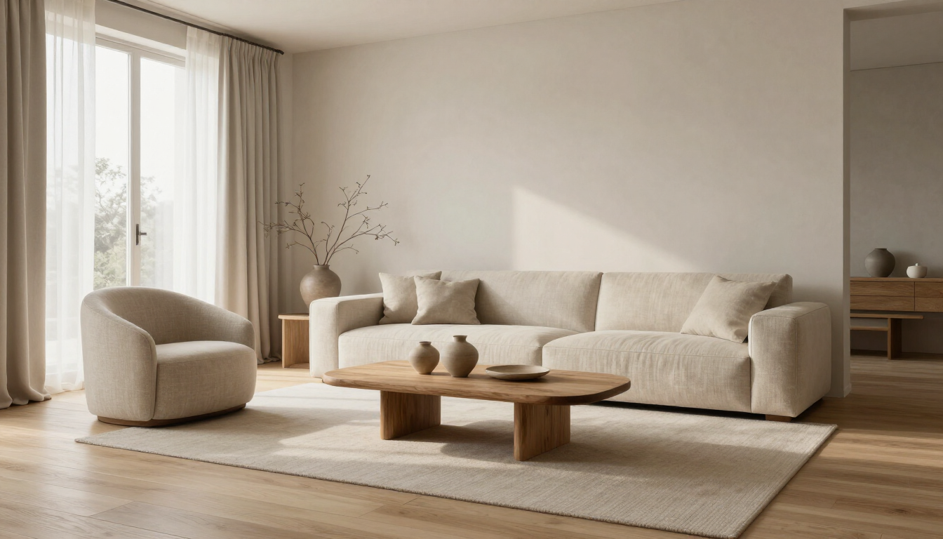 Salón minimalista con un sofá beige, un sillón y una mesa de centro de madera junto a una ventana soleada.