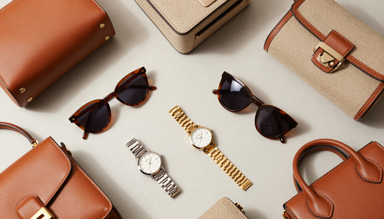 Gafas de sol, relojes y bolsos de cuero dispuestos sobre un fondo beige.