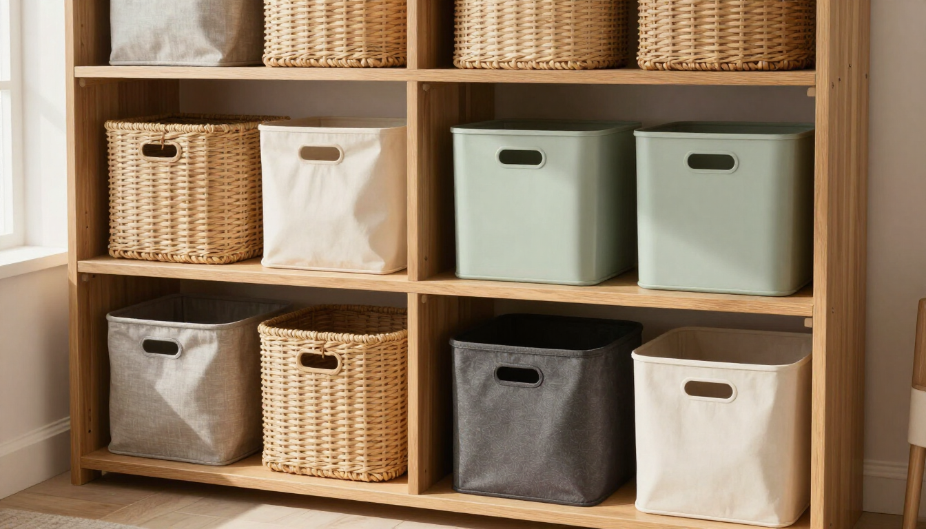 Estantería de madera con cestas tejidas y cajas de tela en tonos neutros.