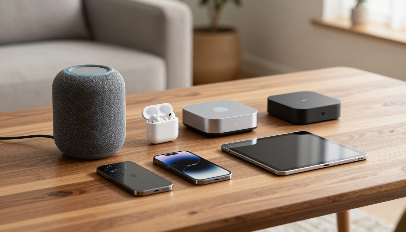 Un altavoz inteligente, auriculares, dos teléfonos y tabletas colocados sobre una mesa de centro de madera en una sala de estar