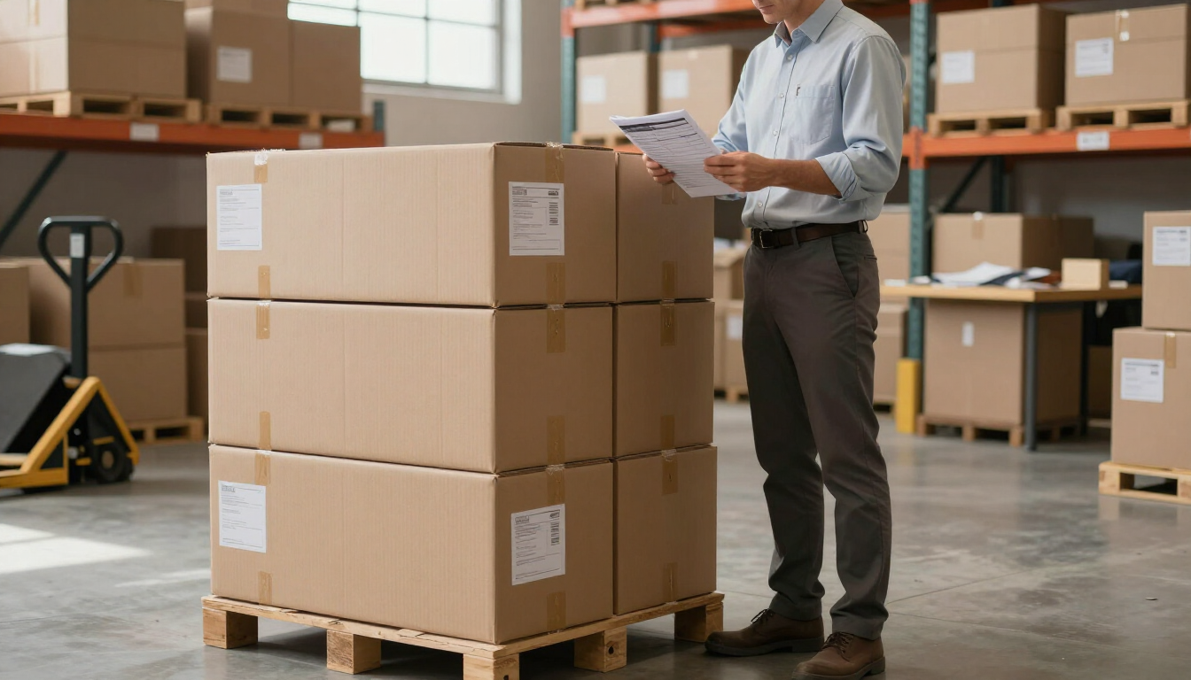 Un trabajador de almacén revisando el inventario junto a cajas de cartón apiladas en un almacén