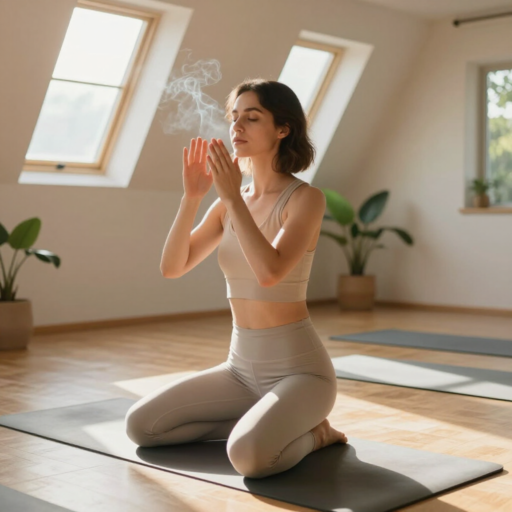 A person in neutral-toned yoga gear kneeling on a mat in a bright, airy studio, hands held near wisps of incense smoke.