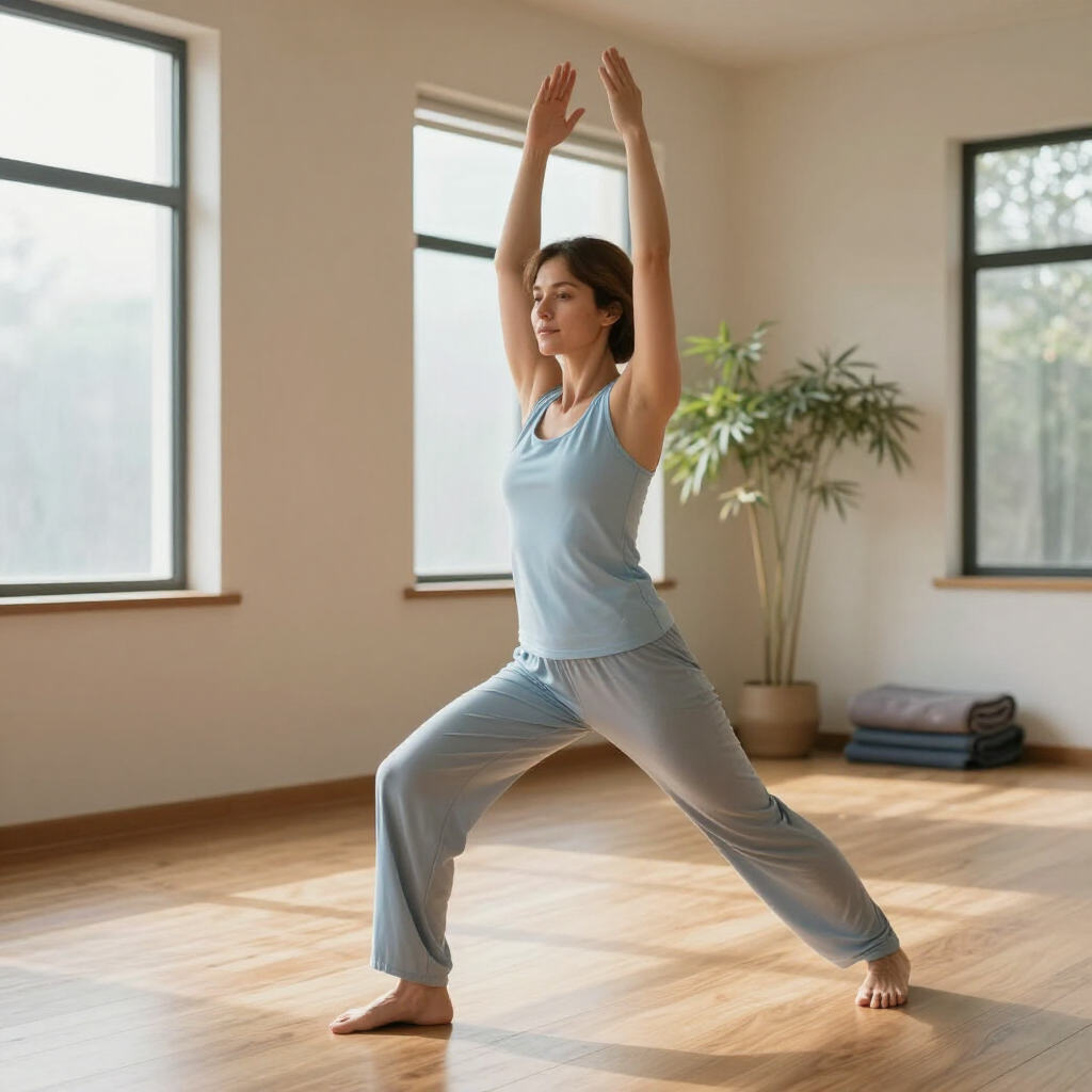 A person performs a warrior yoga pose with arms raised overhead in a sunlit room with wooden floors and a potted plant.