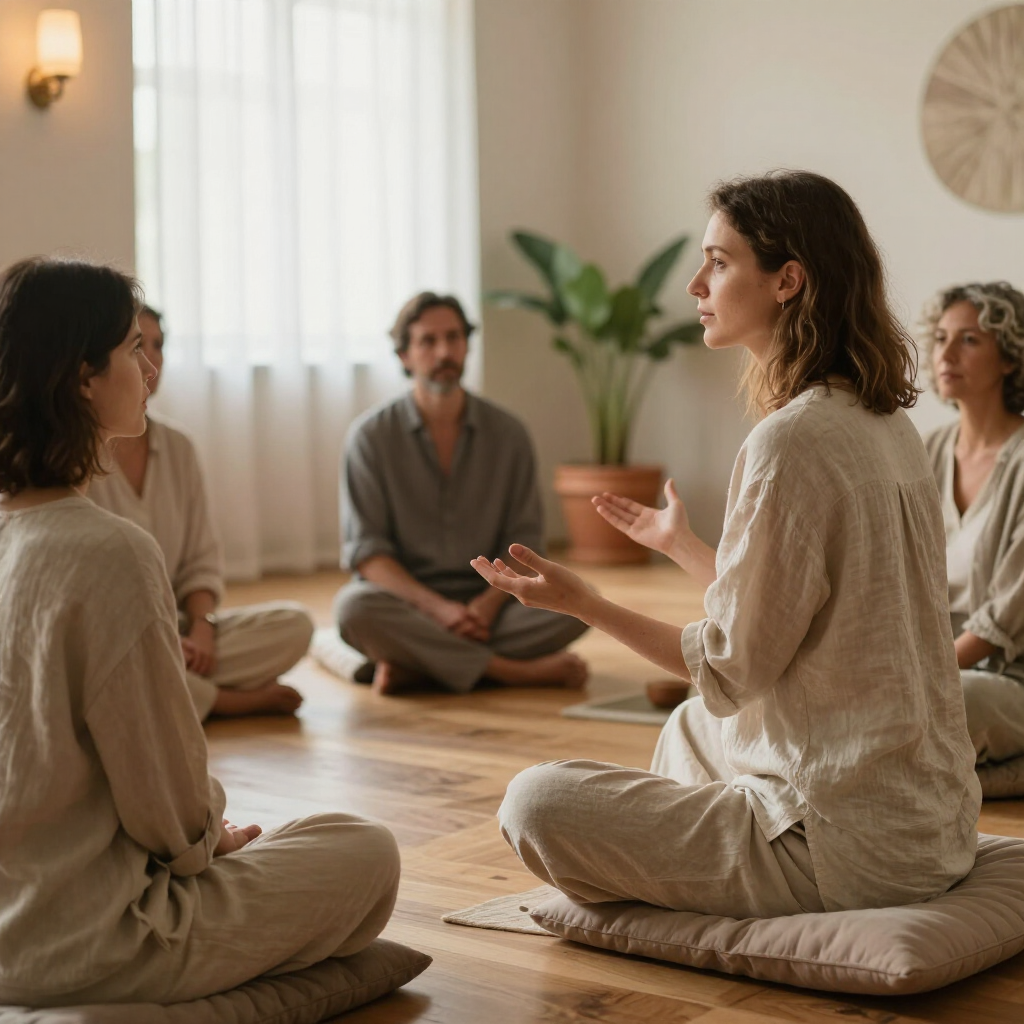 A group sits in a circle on cushions in a brightly lit room, listening as one person speaks with hand gestures.
