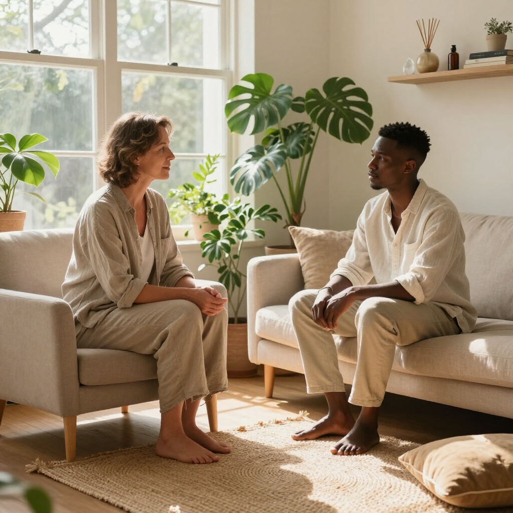 Two people sit facing each other on chairs in a sunlit living room with potted plants, engaged in conversation.
