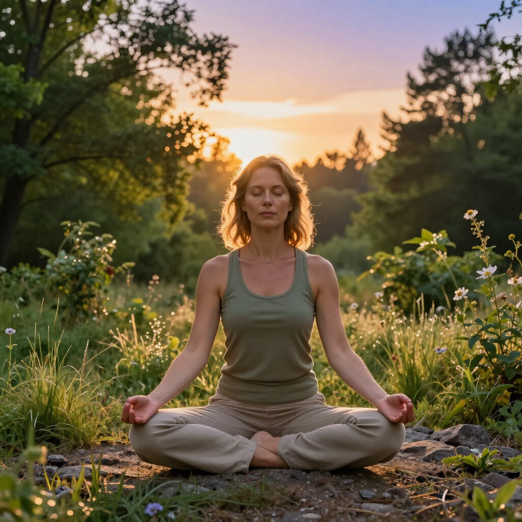 A person sits in a meditative pose on a dirt path in a grassy field during a golden sunset, eyes closed and calm.