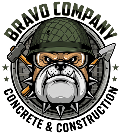 Bravo Company Concrete and Construction logo with a helmeted bulldog