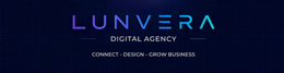 LUNVERA digital agency logo on a dark blue gradient background with purple accents and tagline
