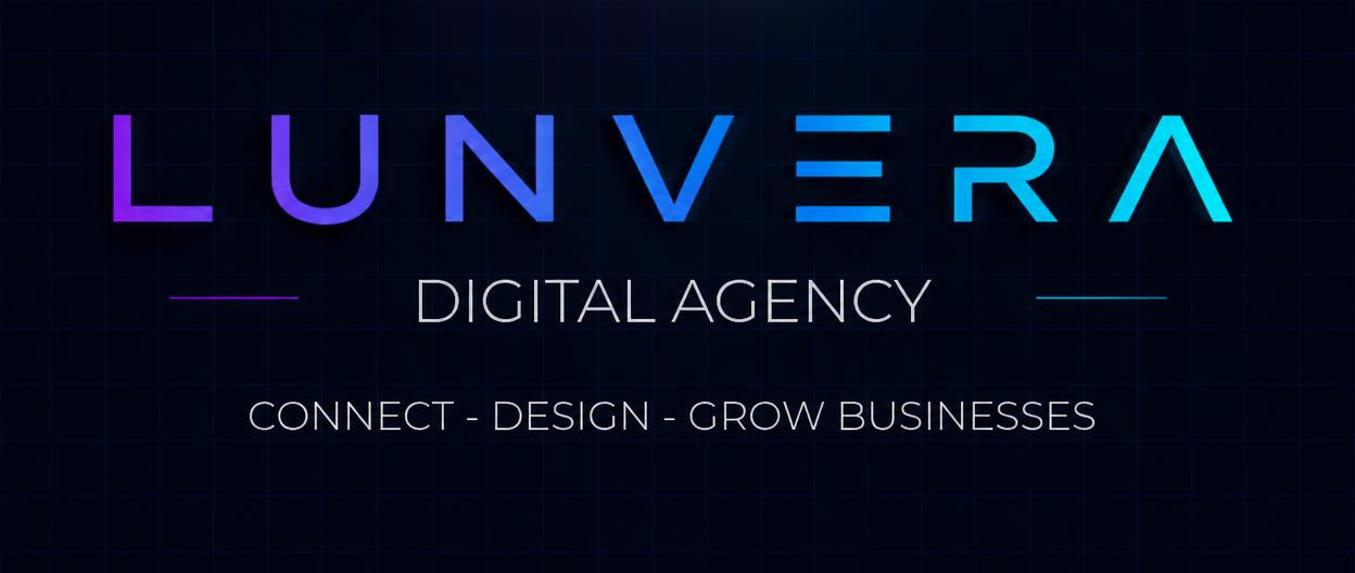 LUNVERA digital agency logo in purple and blue on a black background, with the tagline “Connect, Design, Grow Businesses”