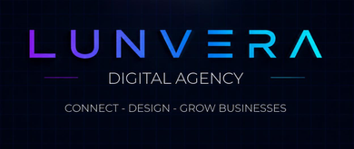 LUNVERA digital agency logo in purple and blue on a black background, with the tagline “Connect, Design, Grow Businesses”