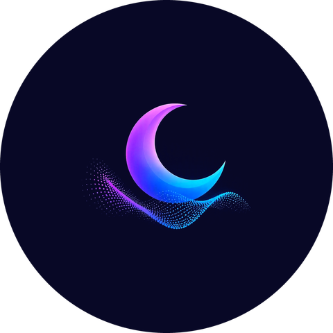Neon crescent moon on a dark circular background with purple and blue sparkles