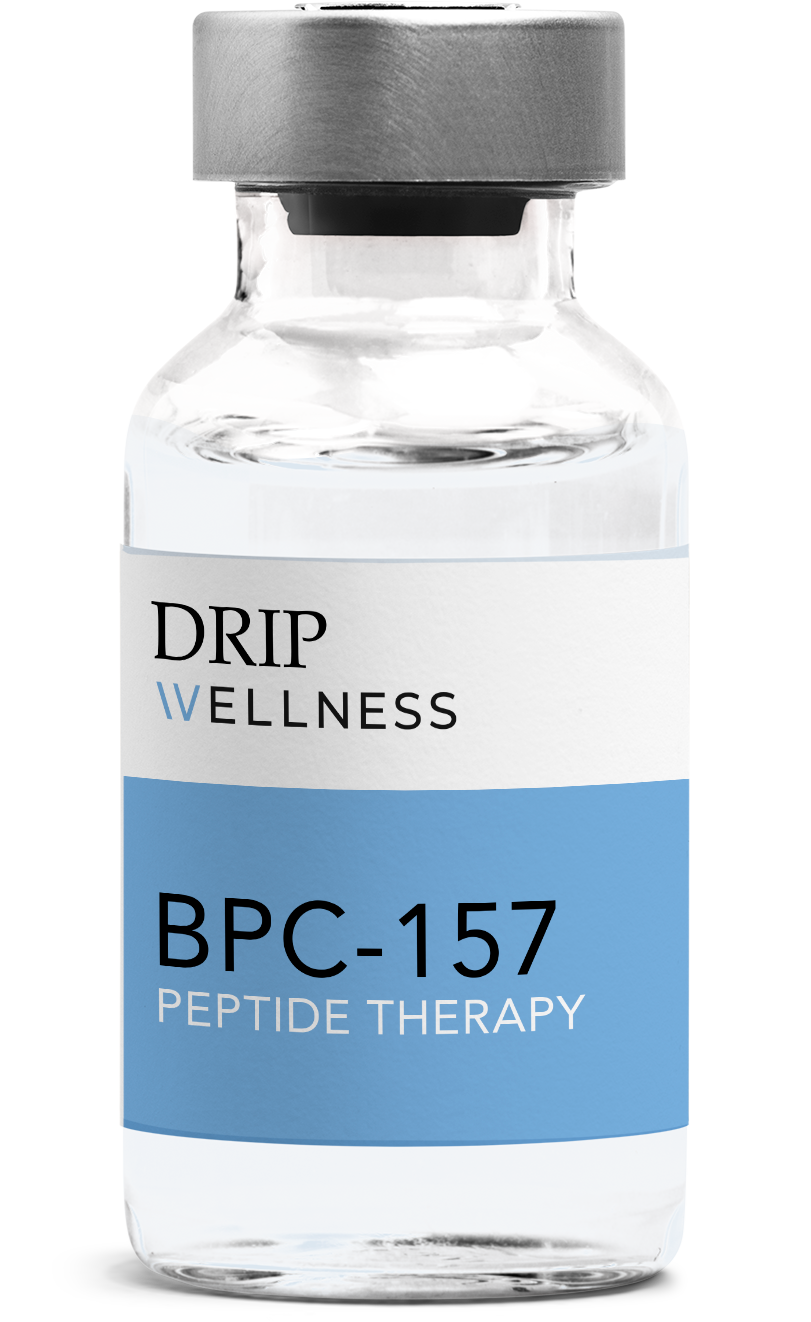 Drip Wellness BPC-157 peptide therapy vial with blue label and silver cap