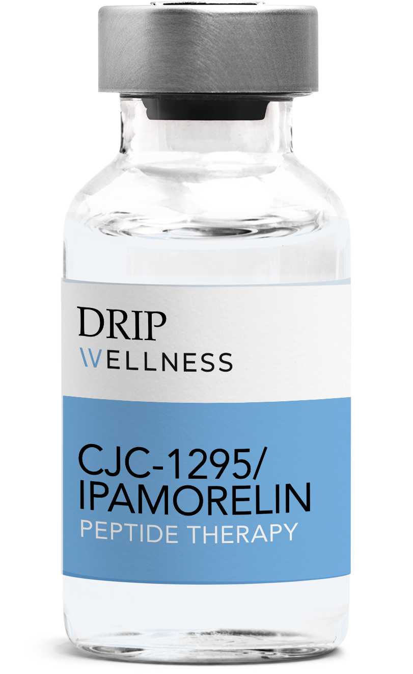 Drip Wellness CJC-1295/IPAMORELIN peptide therapy vial with blue label