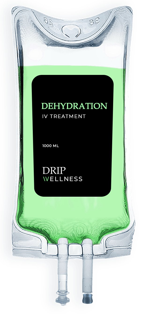 IV bag with green liquid, labeled