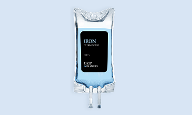 IV bag with a dark label, blue liquid, and the words 