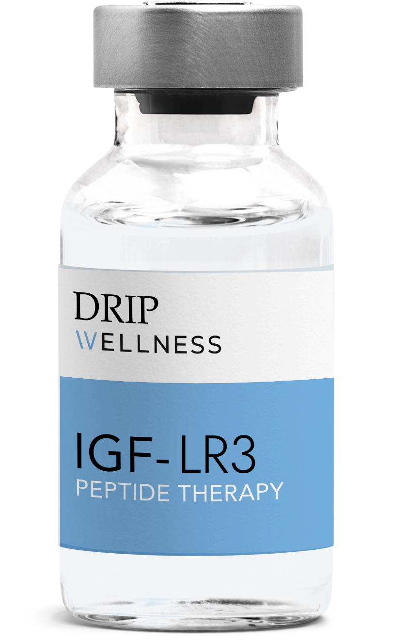Clear vial labeled “DRIP Wellness IGF-LR3 Peptide Therapy” with black cap and blue label