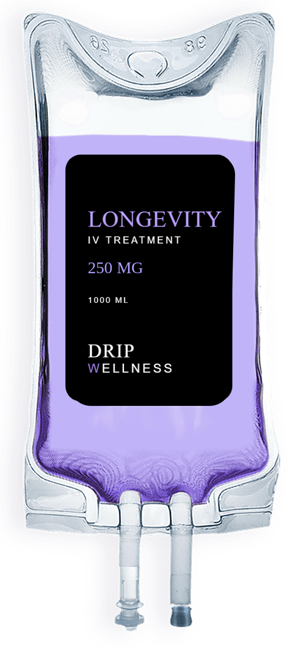 Blue IV drip bag labeled “Longevity” and “Drip Wellness” with hanging tubes