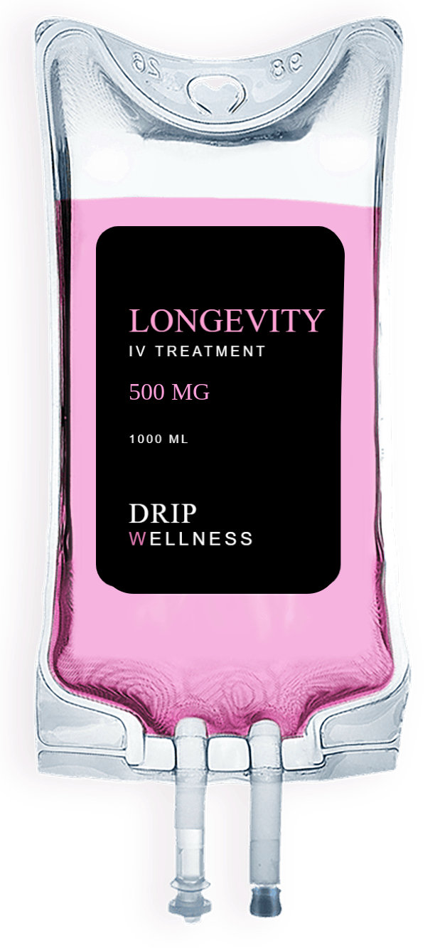 Blue IV drip bag labeled “Longevity” and “Drip Wellness” with hanging tubes