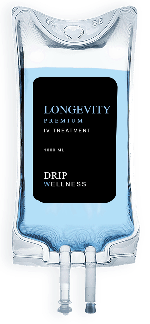 Blue IV drip bag labeled “Longevity Premium IV Treatment” and “Drip Wellness”