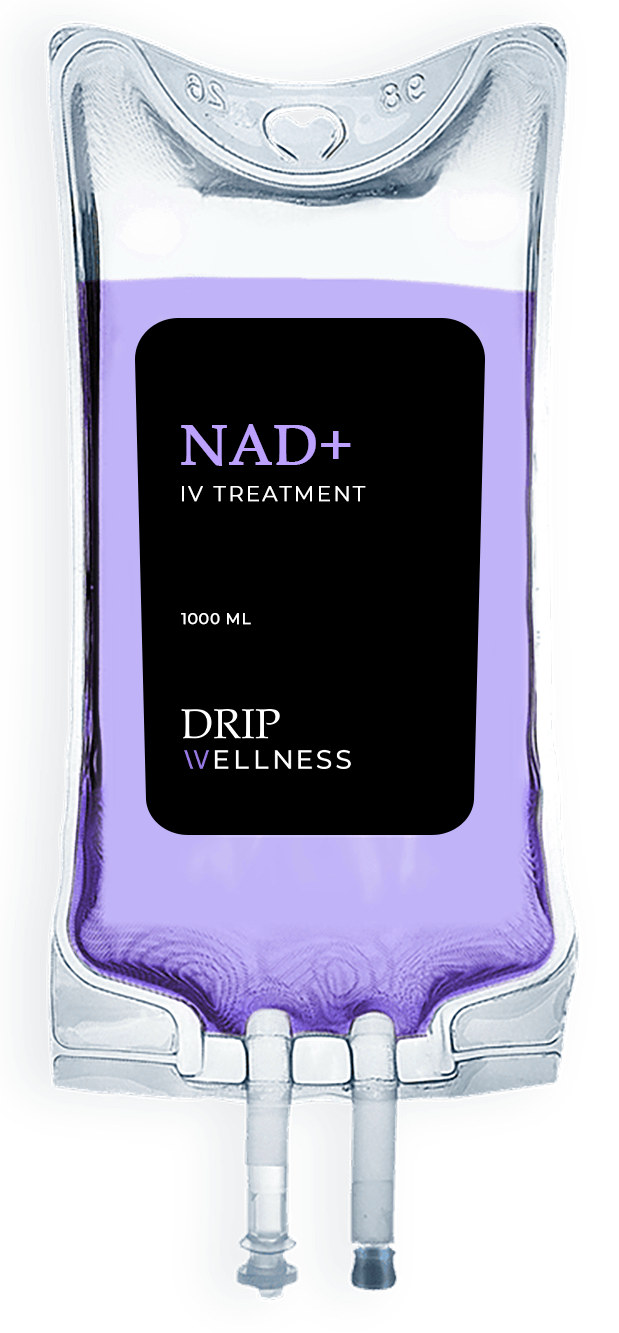 IV bag filled with purple liquid, labeled