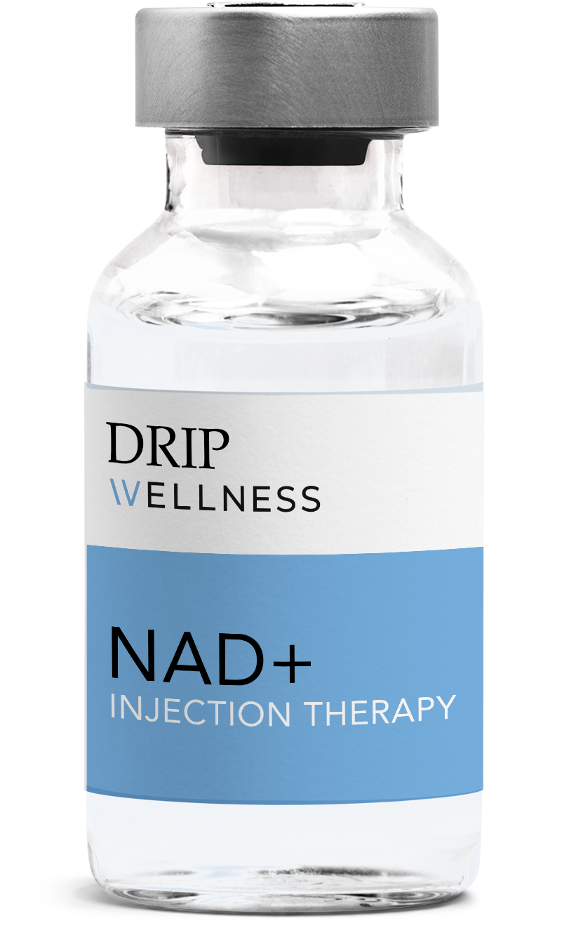 Drip Wellness NAD+ injection therapy vial with silver cap and blue label