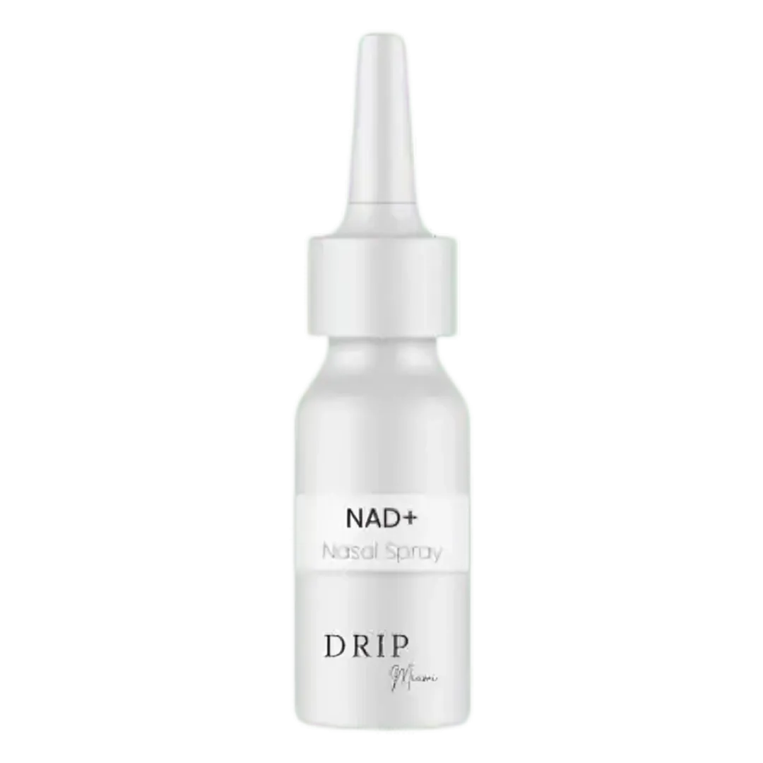 White bottle of NAD+ nasal spray.