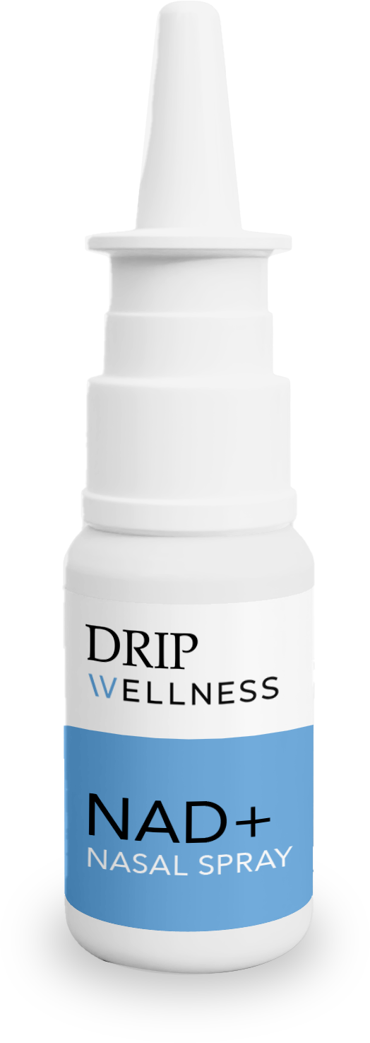 White NAD+ nasal spray bottle.