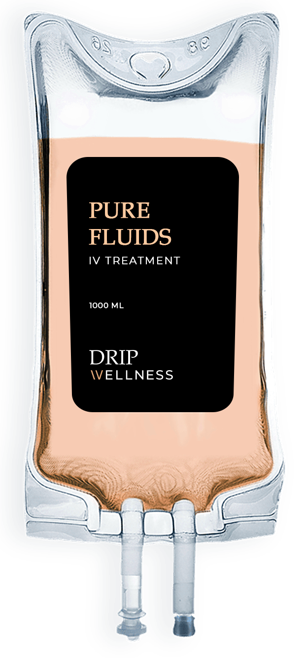 IV bag of Pure Fluids. Black label with text