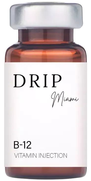 Vial of Drip Miami B-12 vitamin injection. Amber bottle with white label and silver cap.