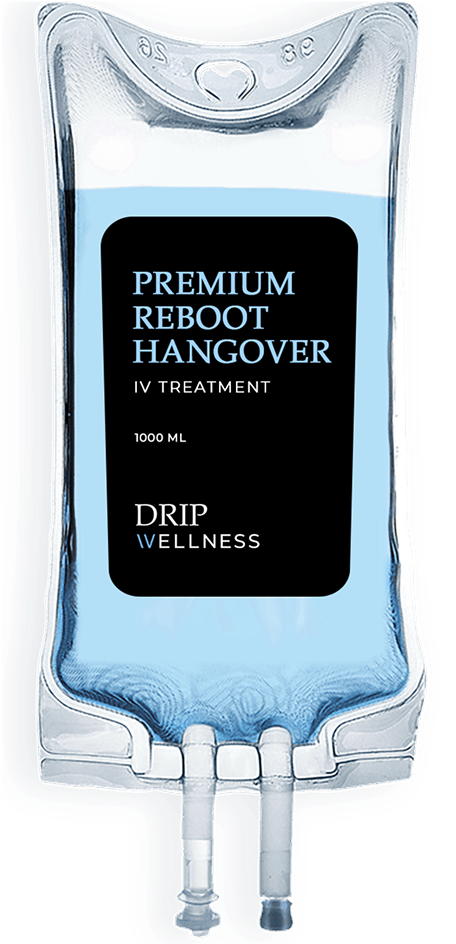 IV bag with a blue liquid labeled