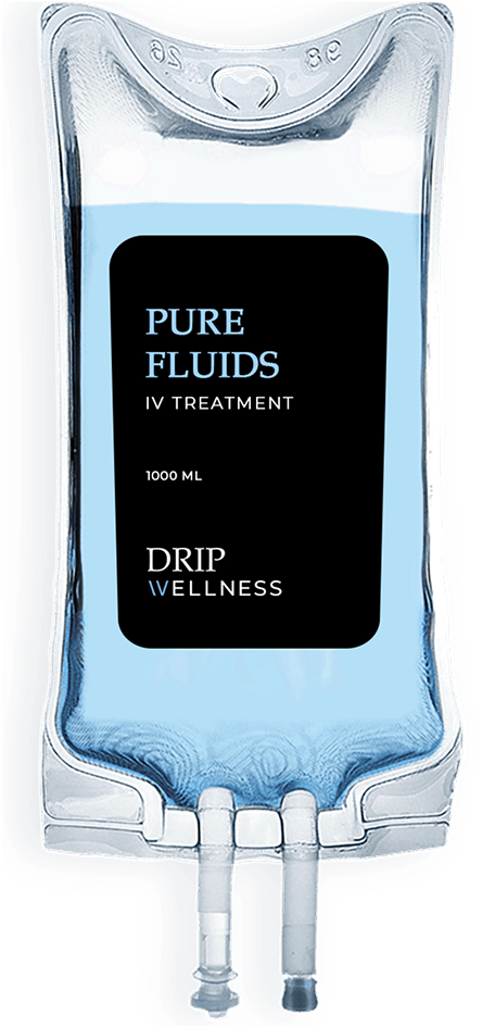 Intravenous bag with blue fluid, labeled