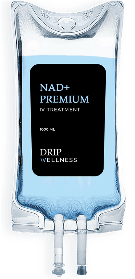 IV bag containing NAD+ PREMIUM for IV treatment from Drip Wellness.