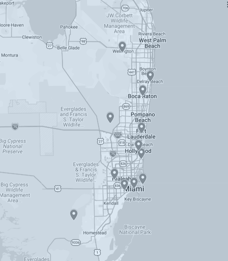 Map of Miami and surrounding areas with multiple location pins marked along the coast.