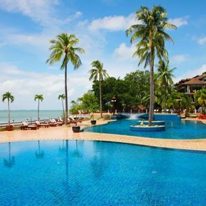 Resort pool with bright blue water, palm trees, and ocean views under a sunny sky