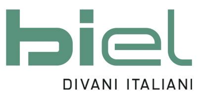 Logo per "biel DIVANI ITALIANI" con la parola "biel" in grandi lettere verde tenue e testo nero più piccolo sottostante.