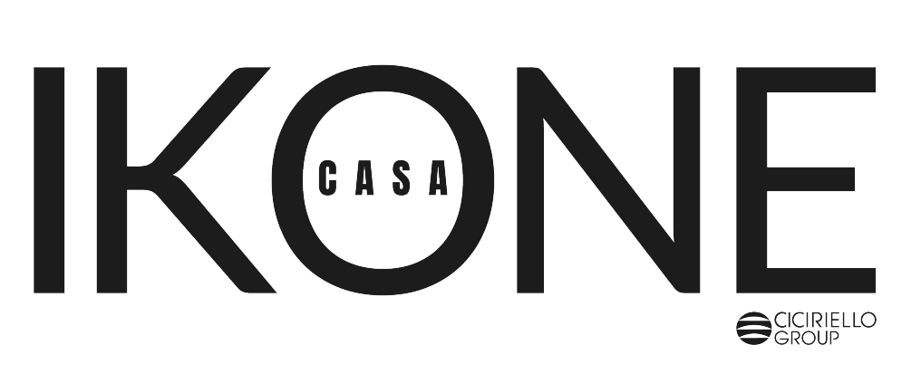 Logo nero su sfondo bianco: "IKONE" con "CASA" all'interno della lettera O e "CICERIELLO GROUP" sotto.
