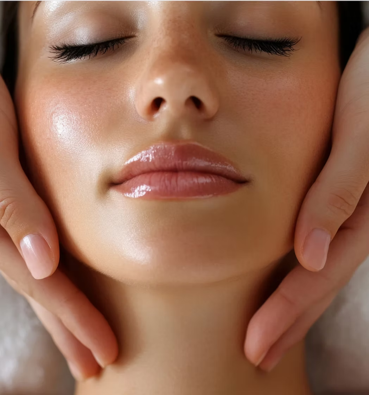 Close-up of a relaxed face with eyes closed, gently cradled by two hands.