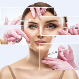 Cosmetic procedure close-up: hands in pink gloves inject and apply treatment to a woman’s face