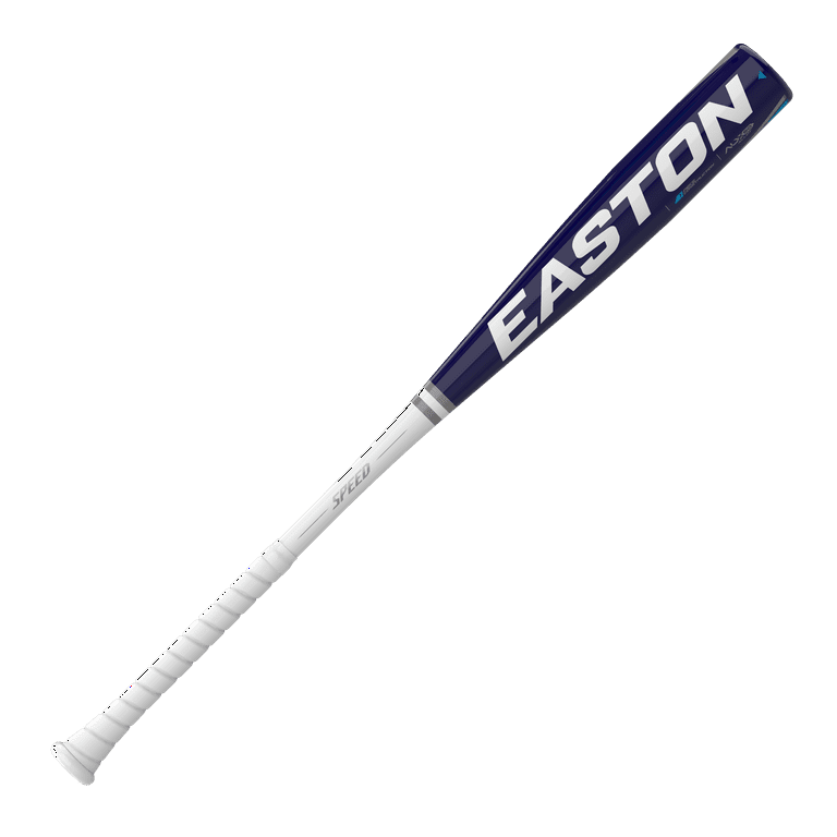 A blue and white easton baseball bat on a white background