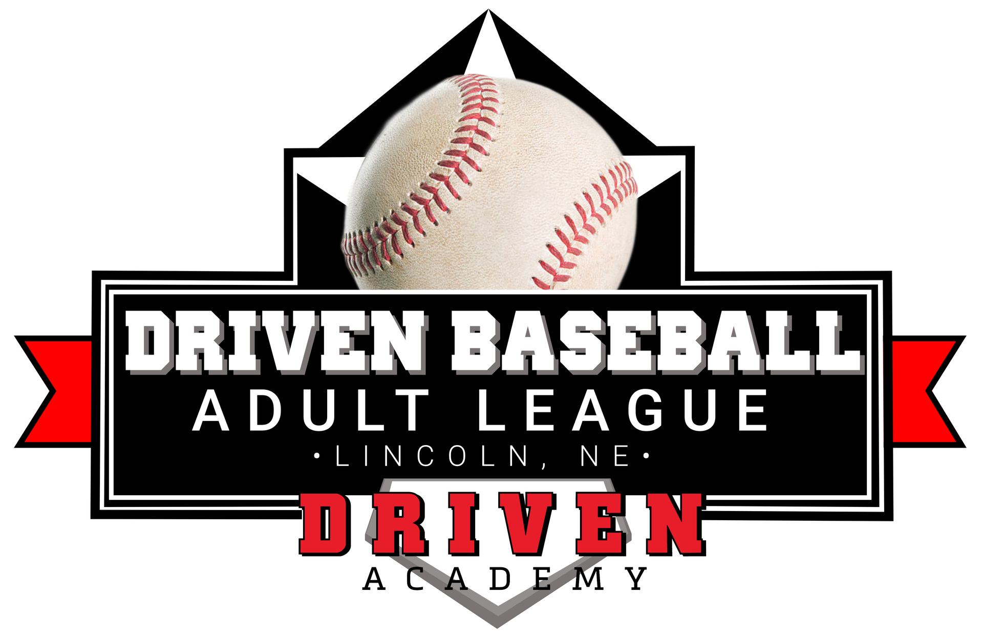 A logo for driven baseball adult league in lincoln nebraska