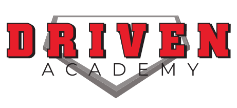 The logo for driven academy is a red and gray logo with a baseball field in the background.