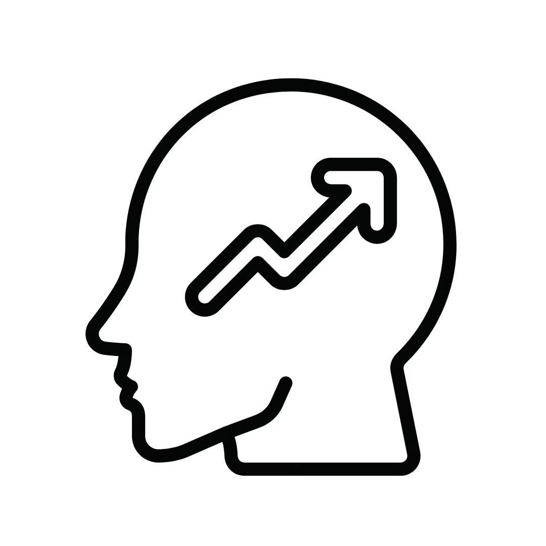 A line drawing of a head with an arrow pointing up.